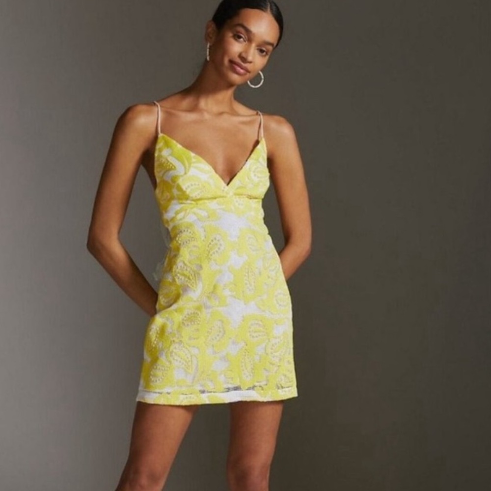 Anthropologie Maeve Strappy Yellow Lace Mini Dress